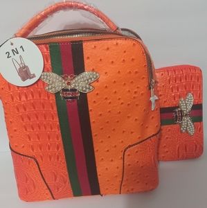 Queen Bee stripe ostrich crocodile backpack 2 in 1